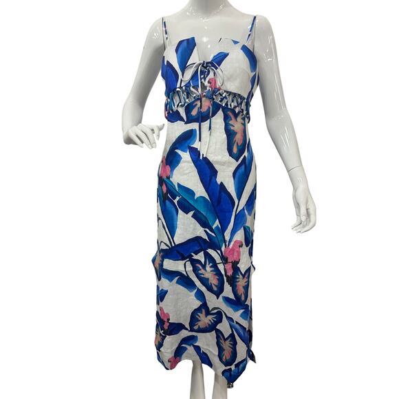 FARM Rio Linen Rear Zip Lace Front Printed Foliage Maxi Dress Blue White Size M - Picture 1 of 5